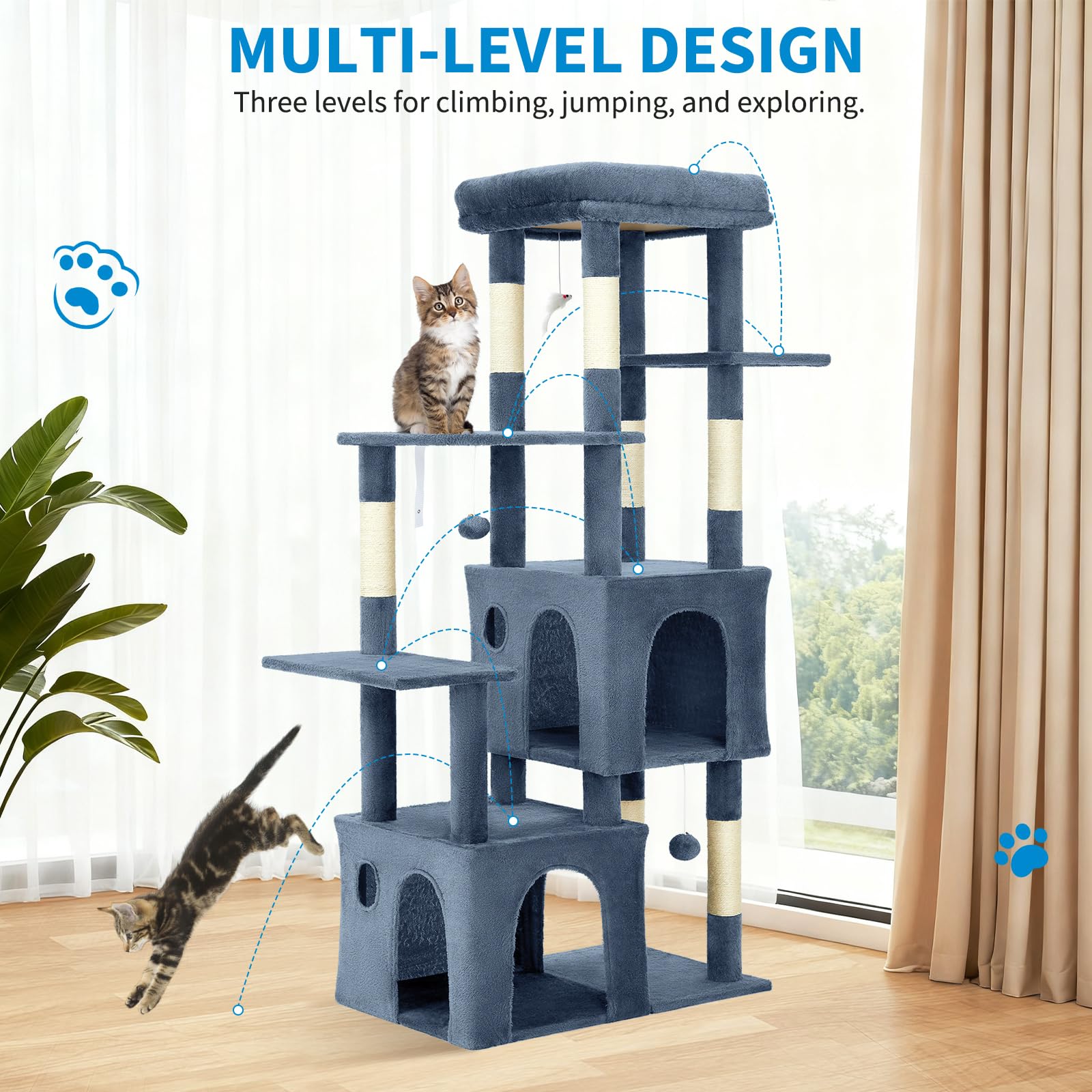 light blue multi level cat tree showing climbing routes and elevated platforms