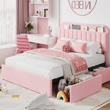 Garvee Full Bed Frame with 2 Flexible Drawers and Bookcase Headboard for Girls, Pink, Full Size, Upholstered Platform Bed - Pink