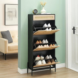 Garvee Natural Rattan 3 Flip Door with 1 Drawer Shoe Cabinet Organizer Freestanding, Shoe Rack Storage Cabinet for Entryway with 3-Tier Adjustable Shelves - Black & Oak Color - Black+Oak