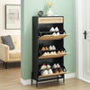 Garvee Natural Rattan 3 Flip Door with 1 Drawer Shoe Cabinet Organizer Freestanding, Shoe Rack Storage Cabinet for Entryway with 3-Tier Adjustable Shelves - Black & Oak Color