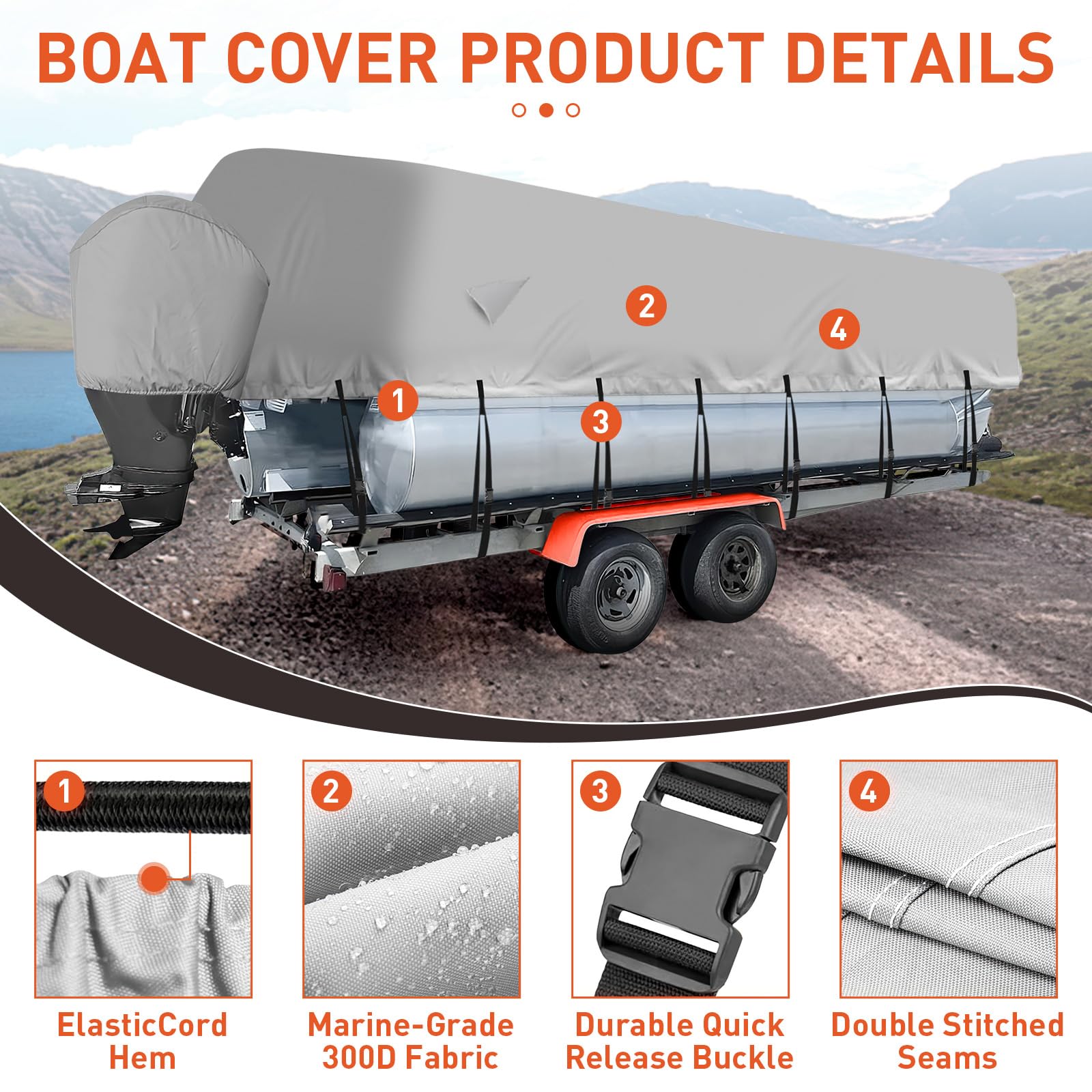 pontoon boat cover with buckle straps elastic hem and double stitched seams
