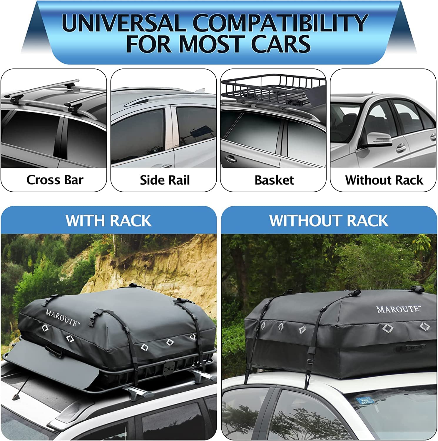 Black rooftop cargo carrier bag fitted to vehicles with different roof configurations