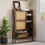 Garvee Rattan Shoe Cabinet With 3 Flip Drawers And Adjustable Shelves For Entryway, Black, Narrow Storage Organizer - Brown Burl