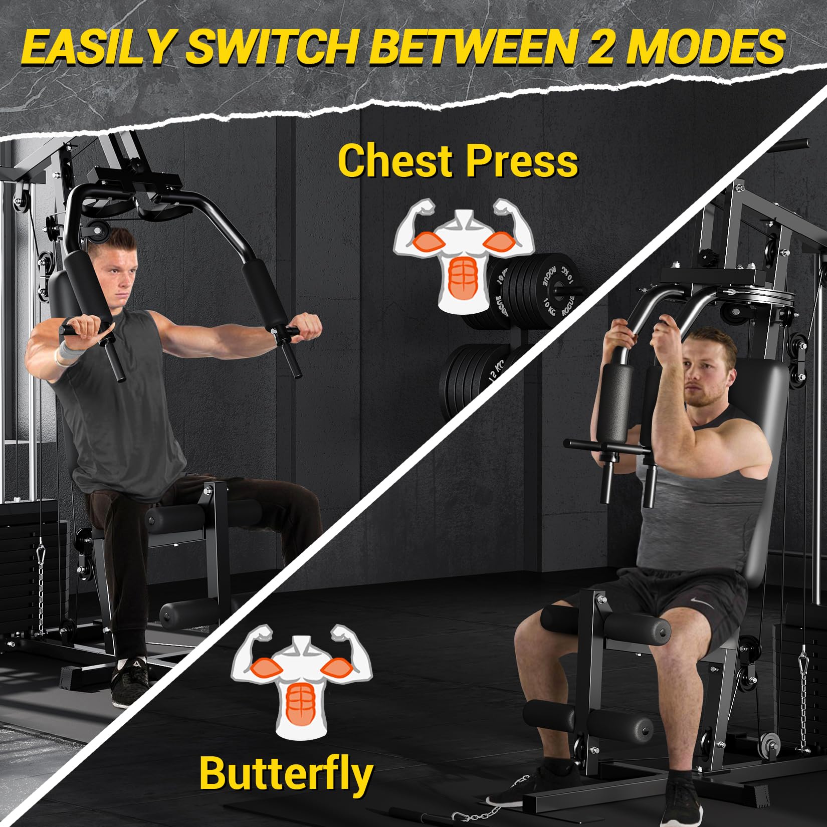 Dual function arm press switches between chest press and butterfly