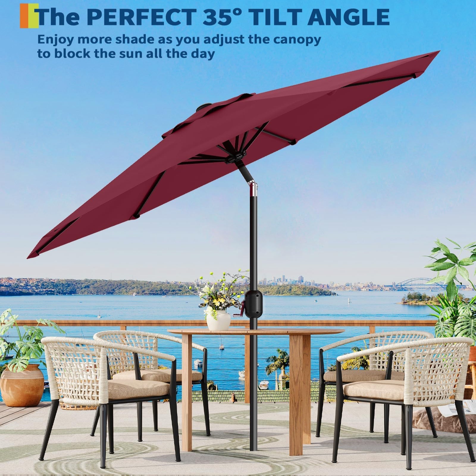 dark red patio umbrella reinforced iron frame and 8 rib construction detail