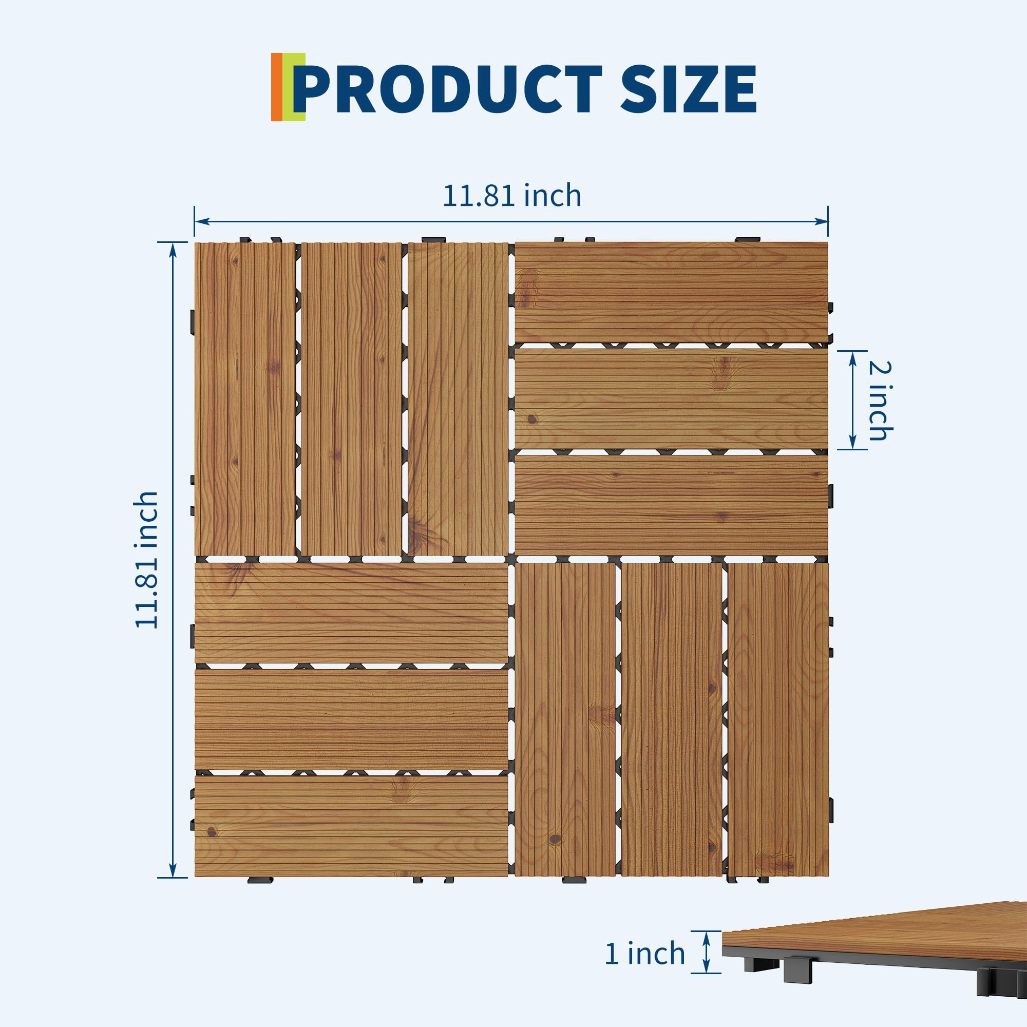 Brown acacia wood deck tile dimension diagram