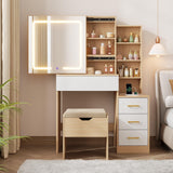 Garvee Makeup Vanity Desk with Sliding Mirror, 3 Color Adjustable Lights, Stool, 4 Drawers, Power Outlet, Natural - Natural+White