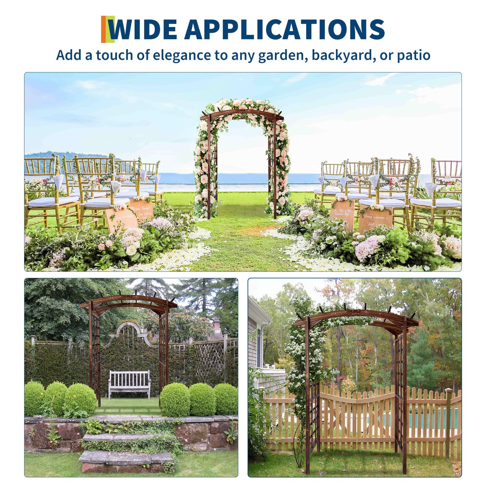 dark brown arched garden arbor shown at garden paths, entrances, and outdoor celebration settings