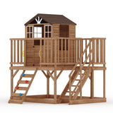 Garvee Outdoor Wooden Playhouse with Climbing Wall, 2 Story Cedar Playhouse for Kids, Elevated Sandbox, 90.6x62.6x98.4in, Natural Wood - Natural Wood