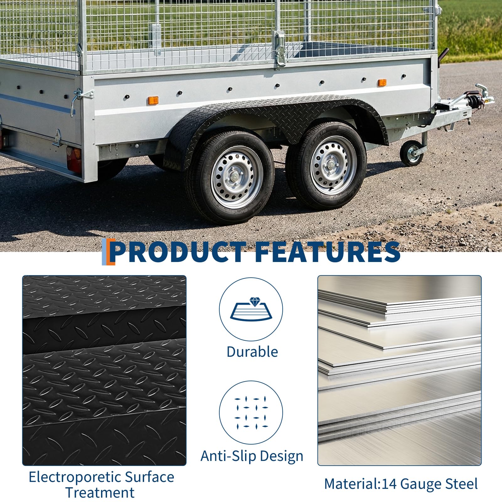 14 gauge steel trailer fenders with tread pattern and electrophoretic finish