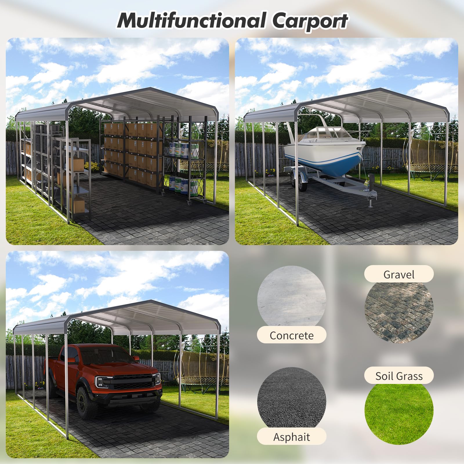 Metal carport shown on different surfaces and for multiple uses
