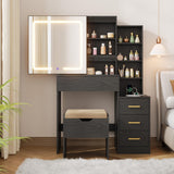 Garvee Makeup Vanity Desk with Sliding Mirror, 3 Color Adjustable Lights, Stool, 4 Drawers, Power Outlet, Black for Girls - Black