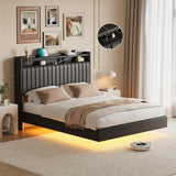 Garvee Queen Floating Bed Frame With RGB LED Lights & Charging Station, Upholstered Platform Bed Frame With Storage Headboard, 50”Tall Headboard Leather Bed Frame Queen Size No Box Spring Needed, Black - Black