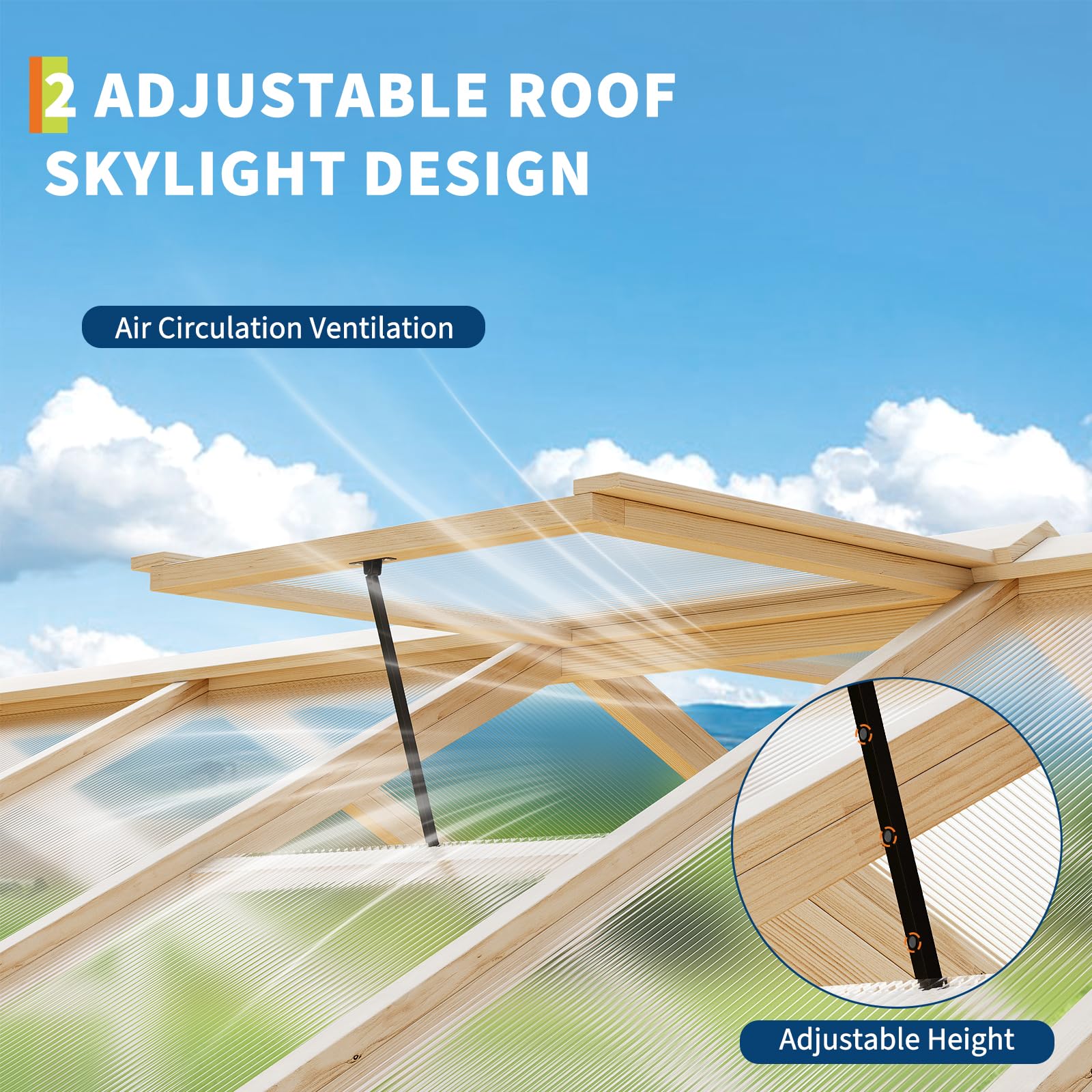 Wooden greenhouse roof vent with adjustable opening support