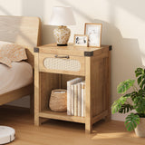 Garvee Rattan Night Stands with Drawer and Open Shelf, Farmhouse Boho End Table for Living Room and Bedroom, Natural Color