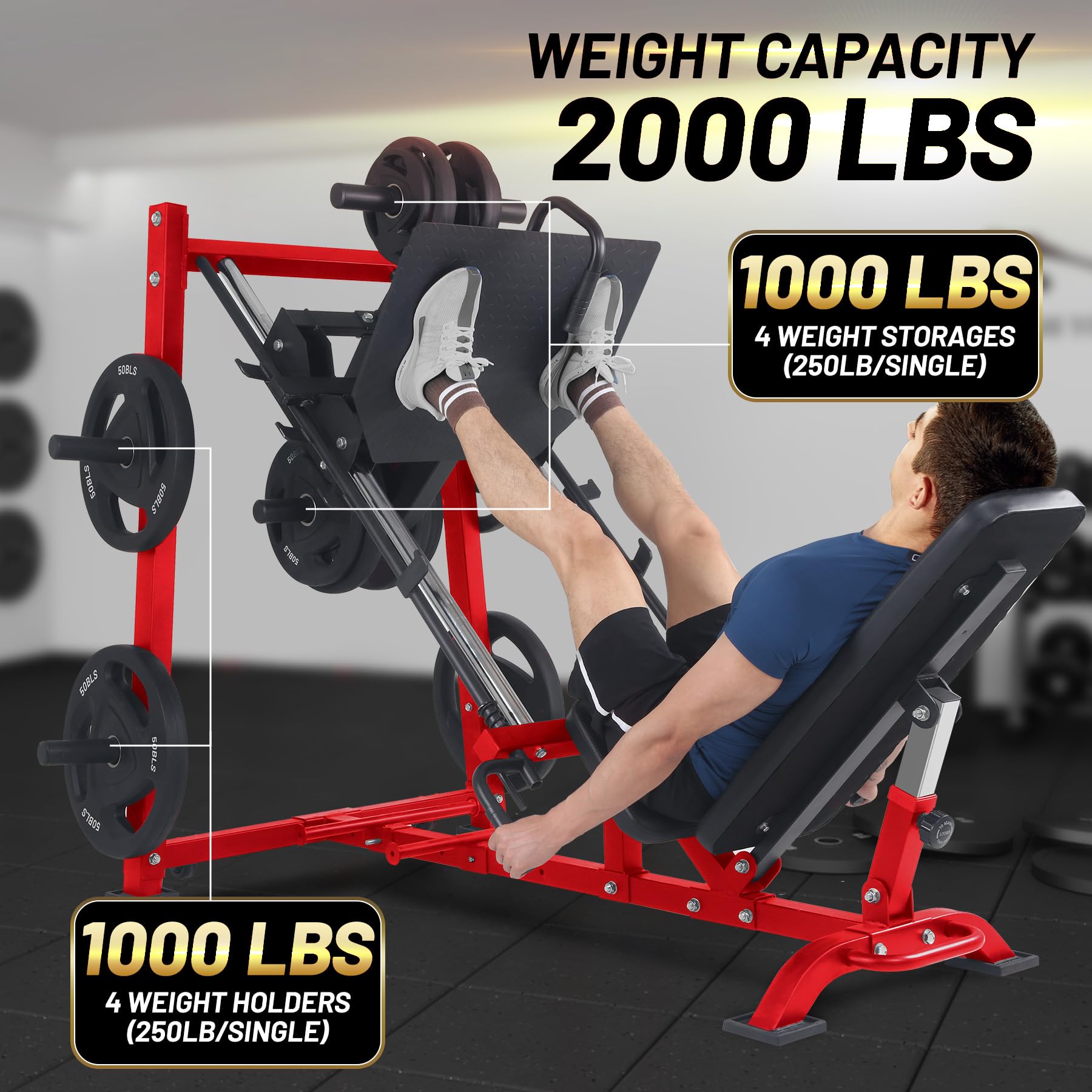 Garvee leg press machine with 2000 lb capacity and built-in plate storage