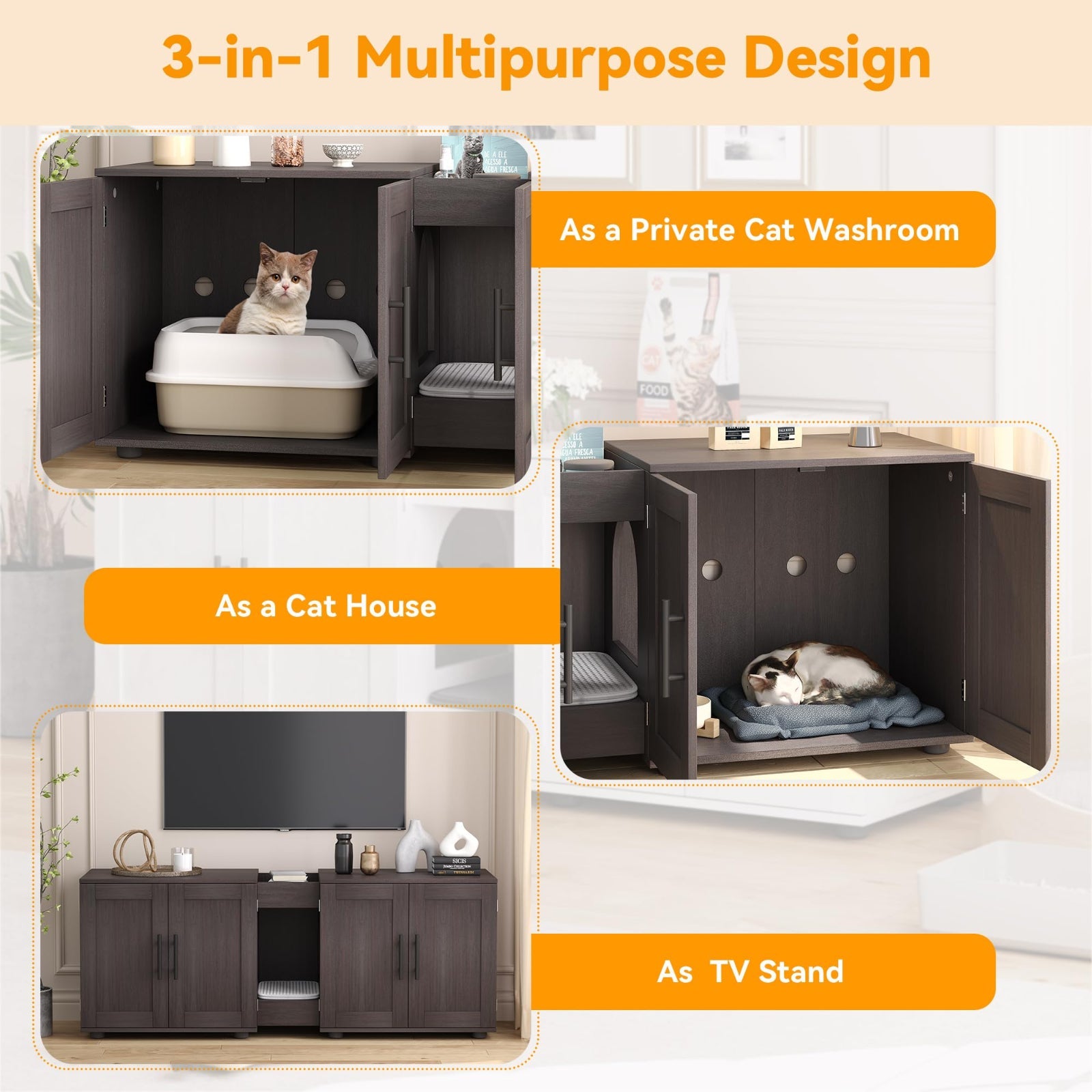 dark grey cat litter cabinet shown as a private washroom, cat house, and furniture piece