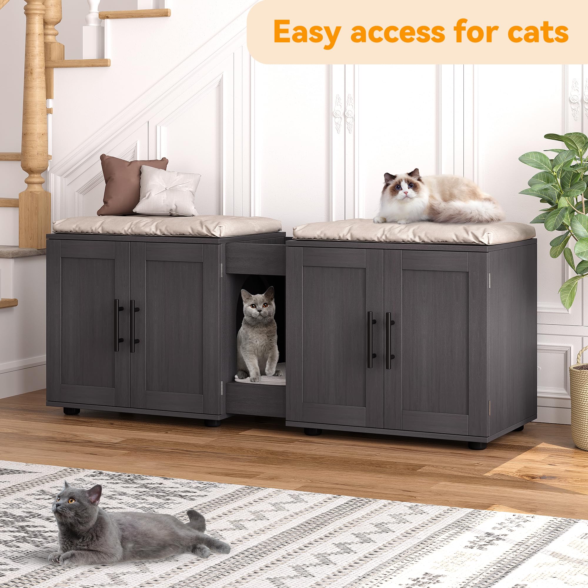 walnut double room cat cabinet with central entrance and cushioned top surfaces