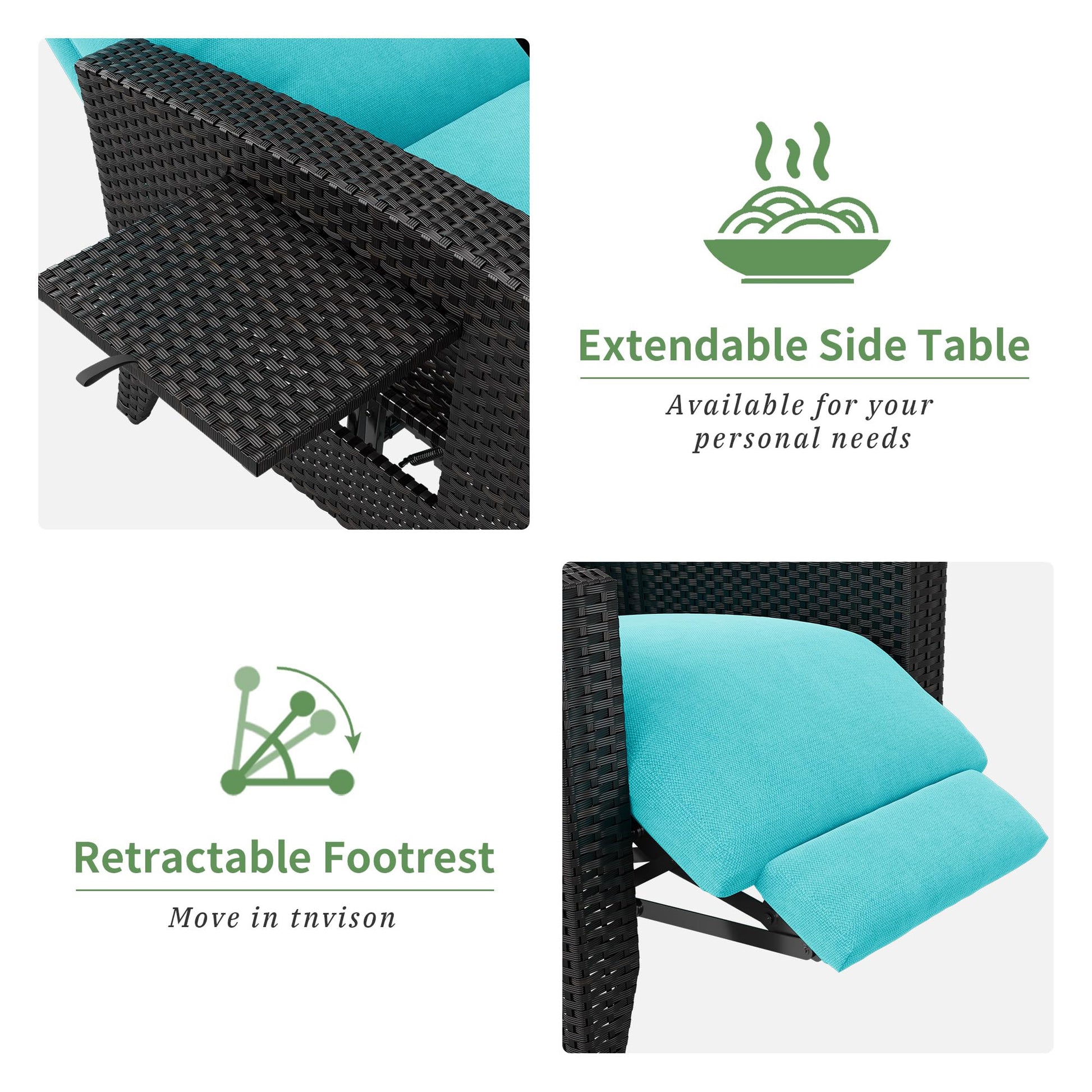 Built-in flip-up side table on Garvee wicker reclining patio chair