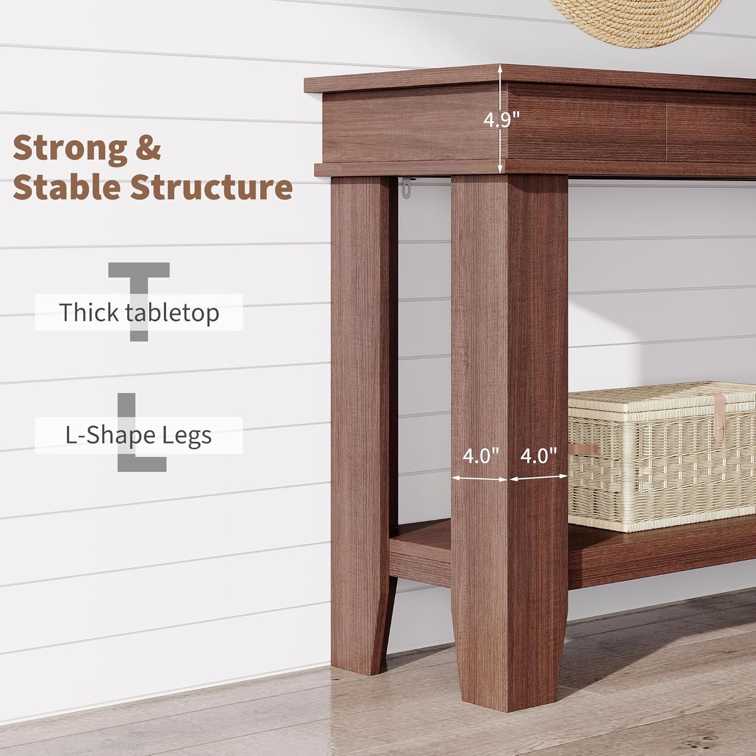 Close-up of thick tabletop and sturdy L-shape legs
