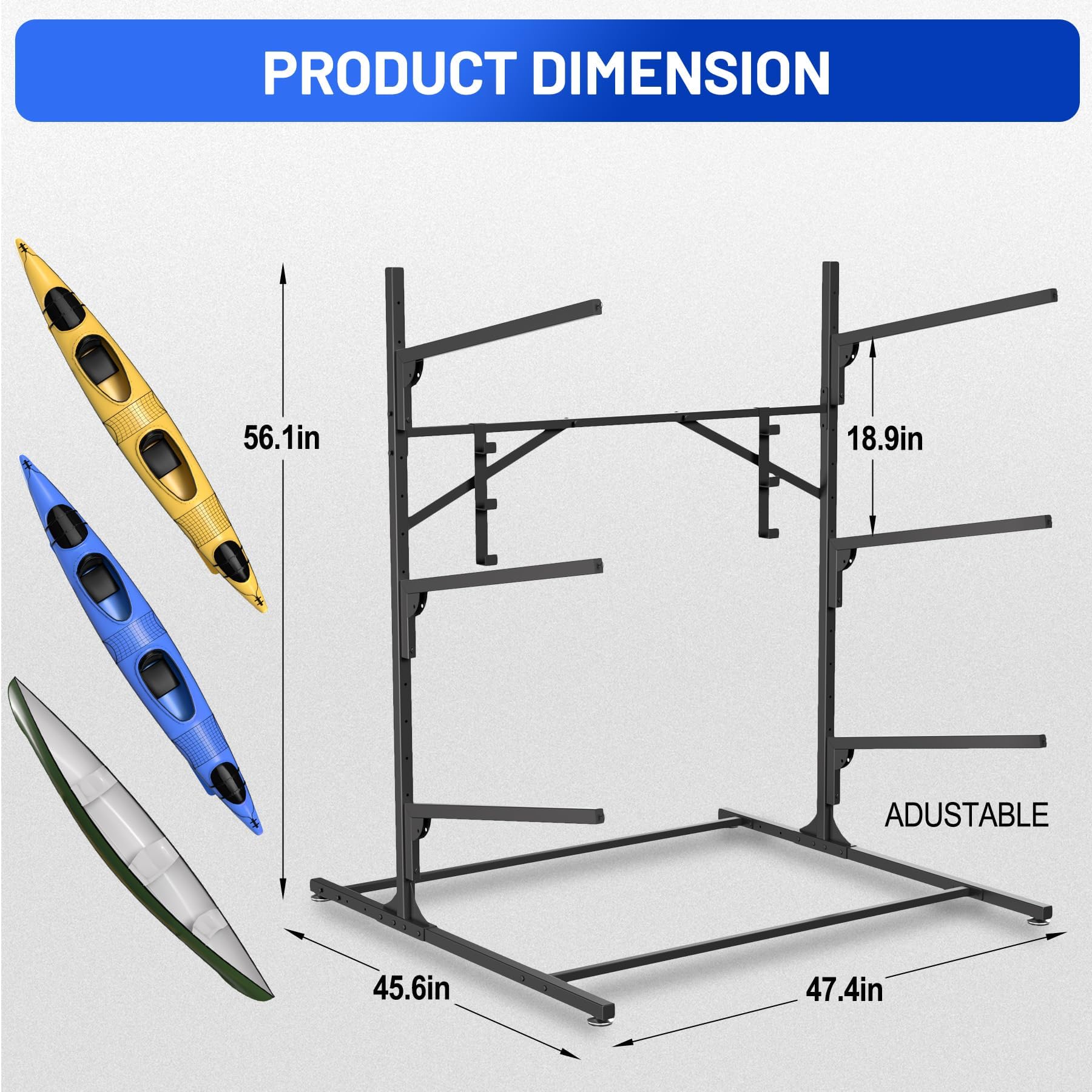 Product dimensions for Garvee 3-tier kayak storage rack
