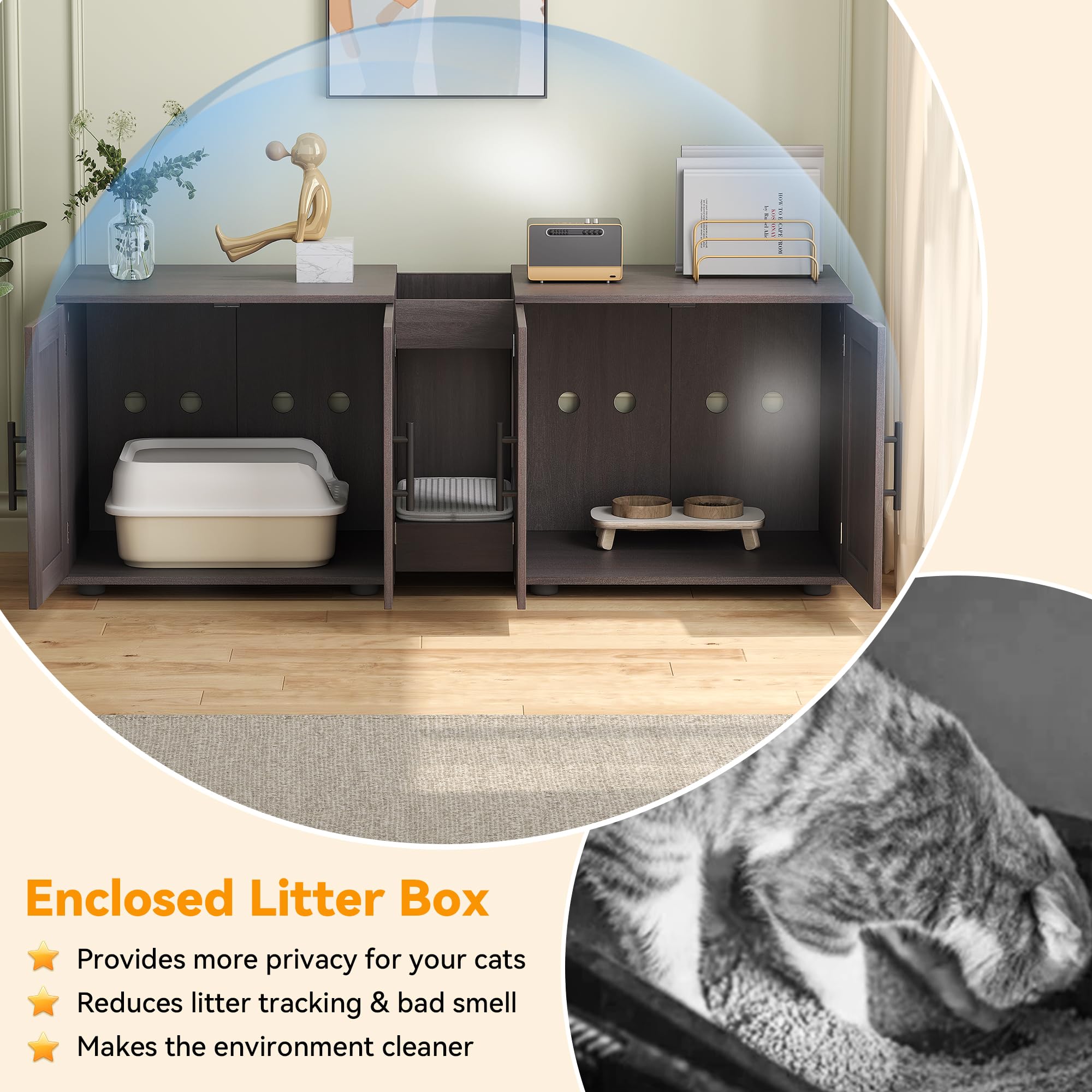 walnut enclosed litter cabinet showing a litter box and center mat for cleaner floors