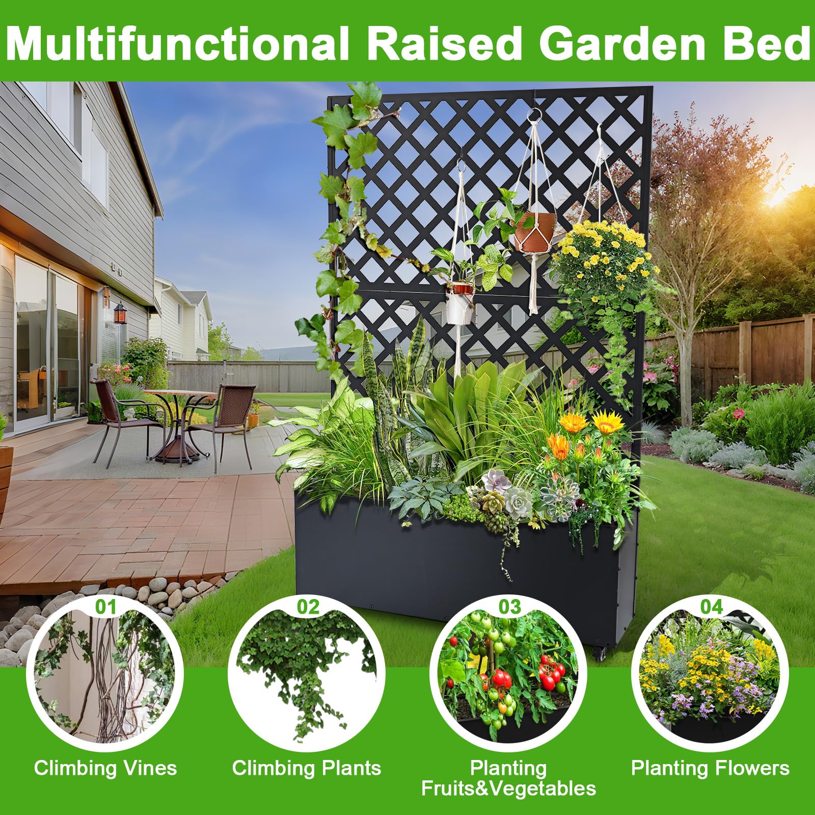 black raised garden bed with diamond trellis supporting climbing flowers and hanging planters