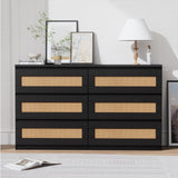 Garvee Modern Rattan Dresser for Bedroom - 6 Drawer Double Dresser - MDF Wood, Anti-Tip Kit - Smooth Metal Rails - Black - Ideal for Living Room, Hallway - Black