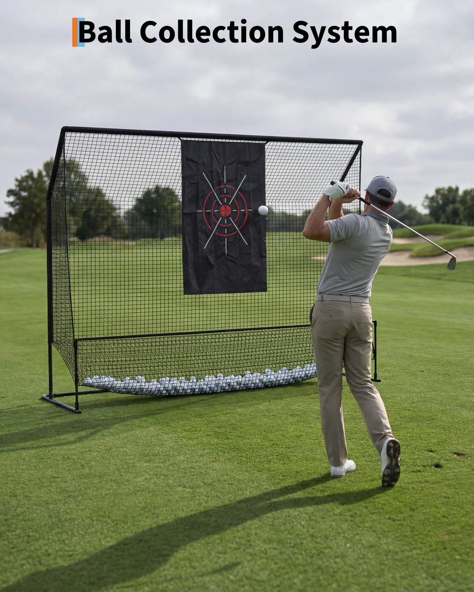 Golfer hitting toward a black golf practice net with balls collected along the lower return area