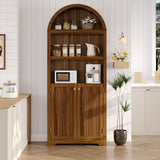 Garvee 72 in Tall Arched Pantry Cabinet With Doors, 5-Tier Kitchen Pantry Cabinet, Adjustable Shelves, Walnut, Gold Handles, Dining Room, Living Room - Walnut Color + Gold Handle