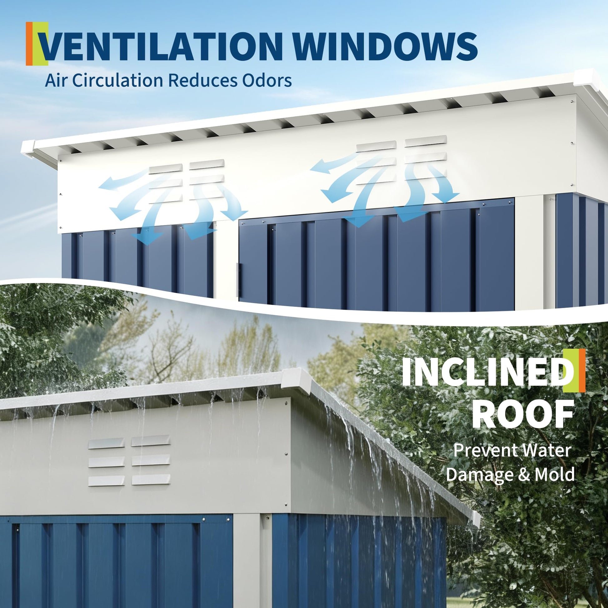 ventilation windows and inclined roof for outdoor storage shed