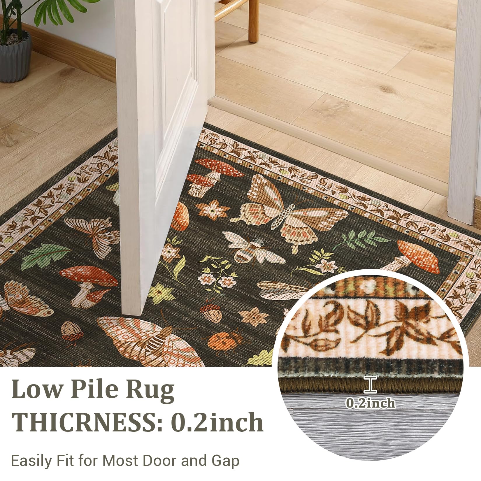 low pile brown mushroom rug shown clearing a door and working with a robot vacuum