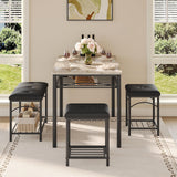 Garvee Dining Table Set for 4 with Upholstered Benches and 2 Stools, Modern Space Saving Kitchen Breakfast Table, Small Kitchens, Apartments, Studios, Compact Living Spaces, Wood Look, Metal Frame - Gray