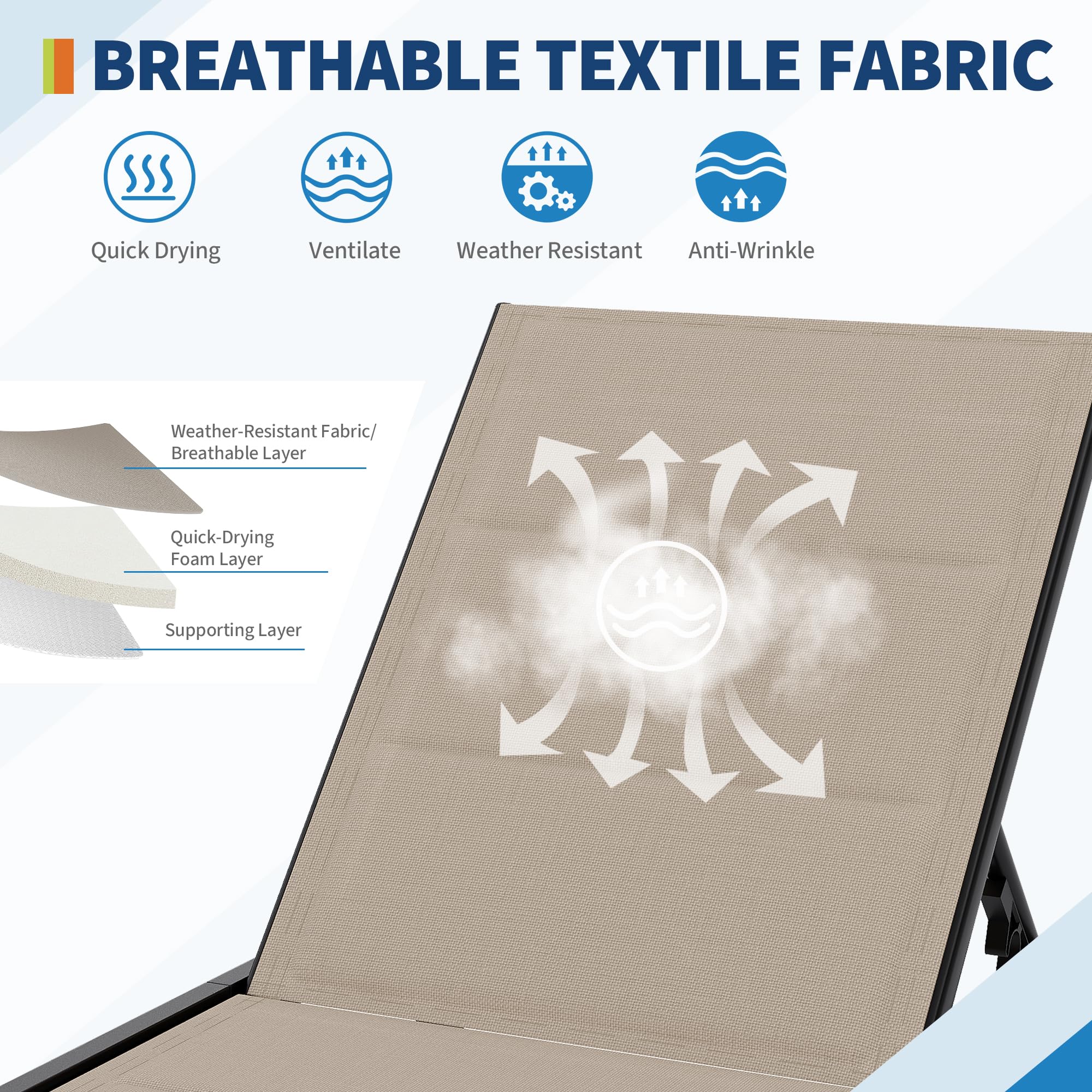 Close view of khaki double layer Textilene fabric with padded quick drying support