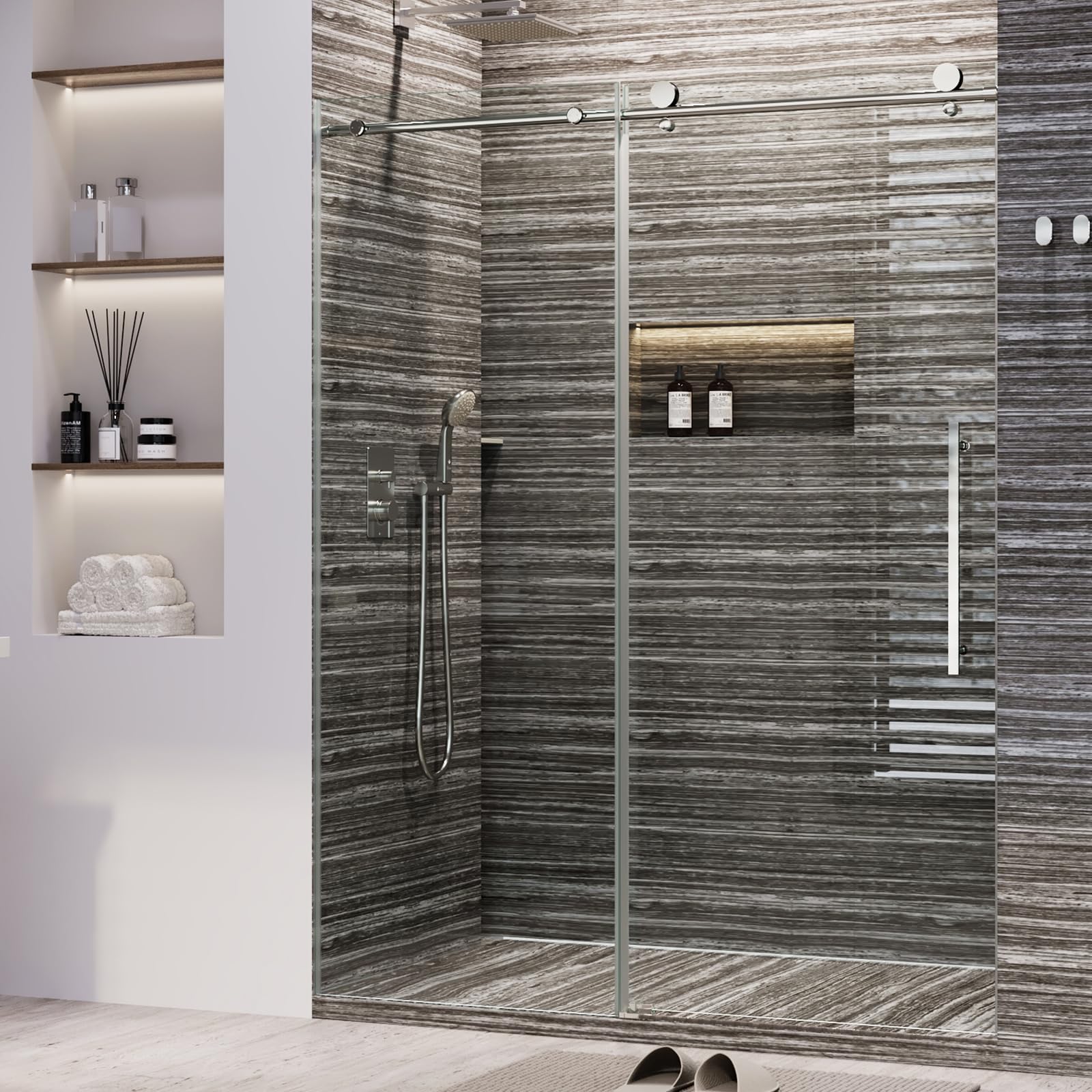 Frameless sliding shower door in modern bathroom