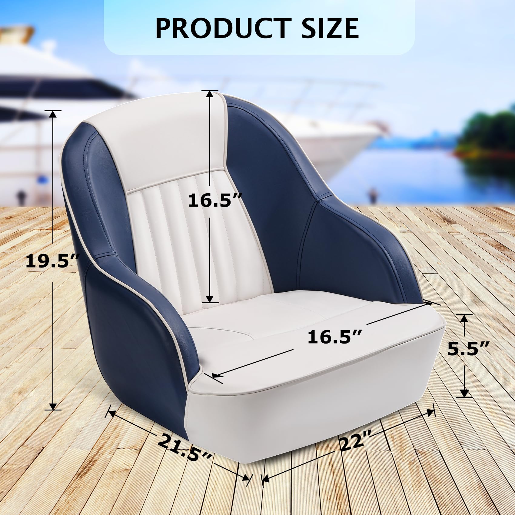 blue and white captain boat seat size diagram with 19.5" height and 22" width