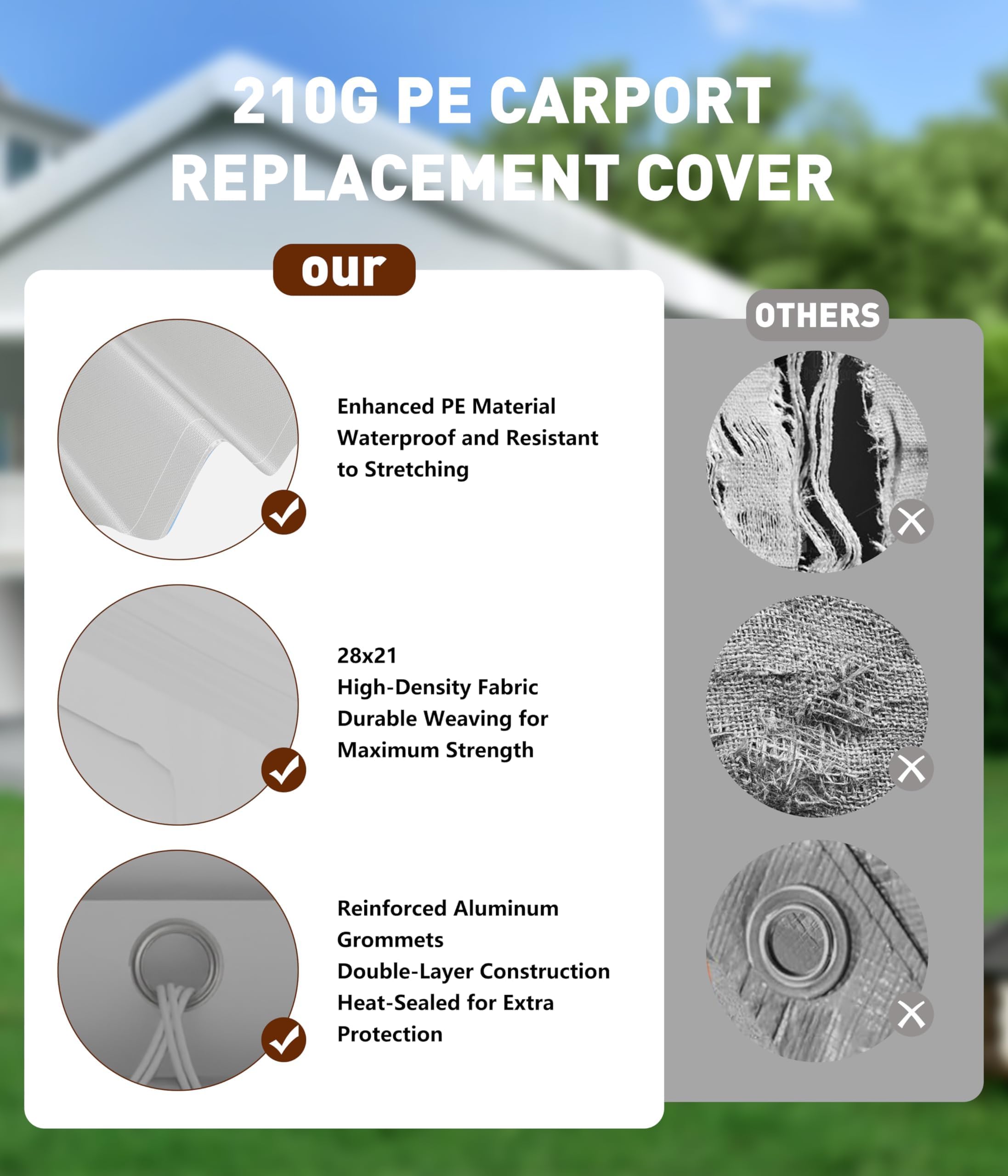 Layered PE carport cover material with reinforced aluminum grommet details