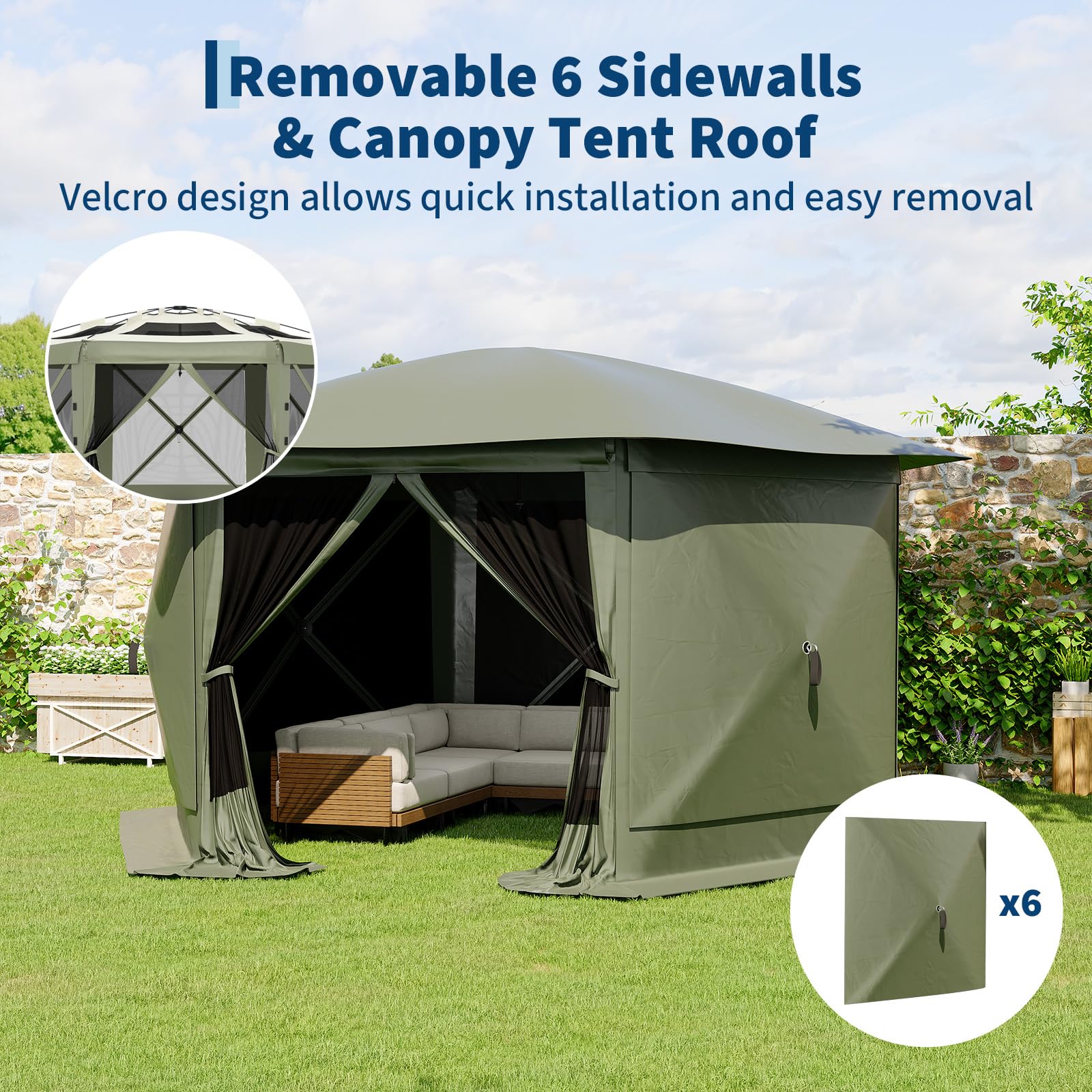 Army Green six-sided gazebo with removable wind cloth sidewalls