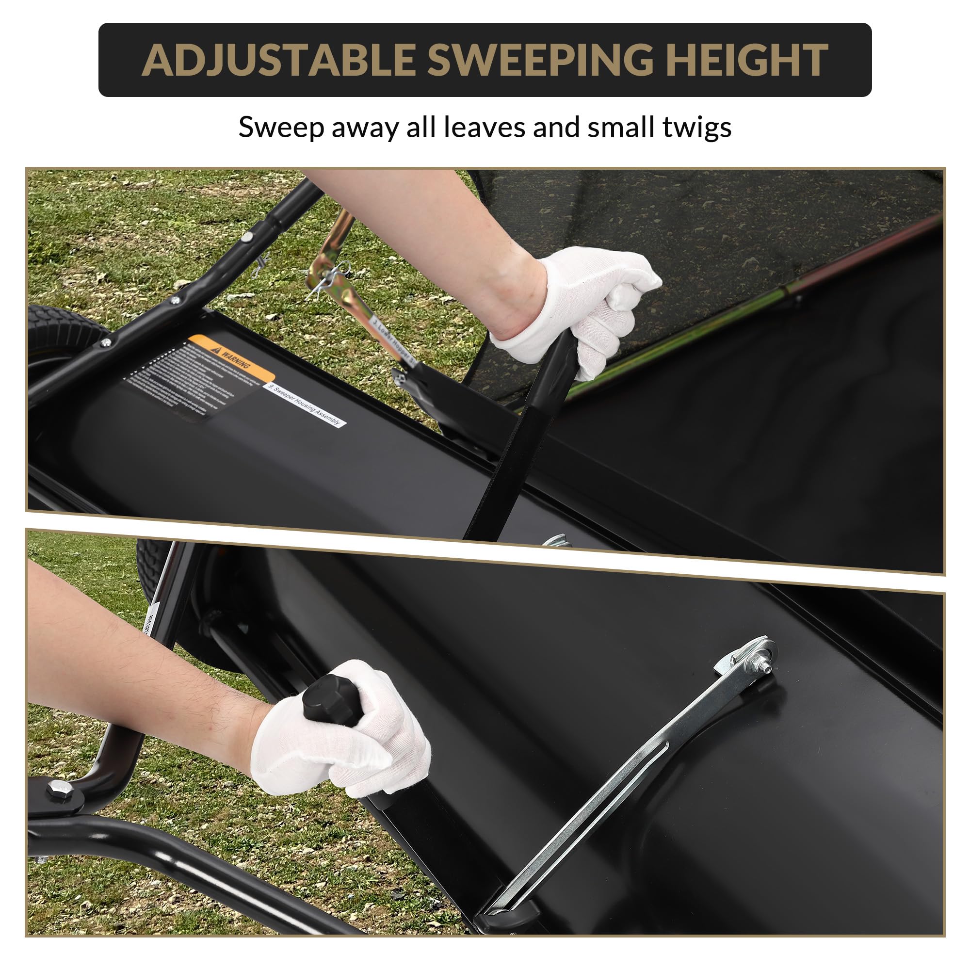 Garvee lawn sweeper adjustable height lever closeups for brush control