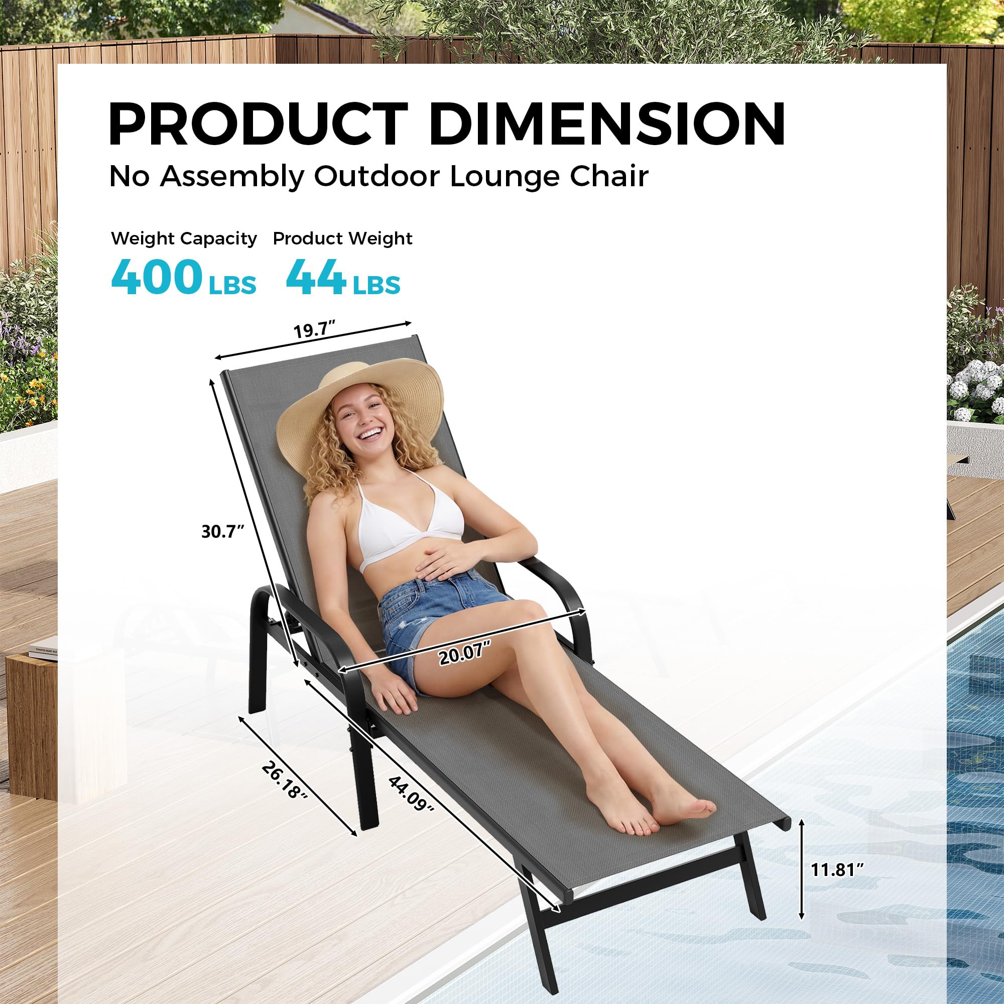 grey outdoor lounge chair with labeled dimensions and full length seating surface