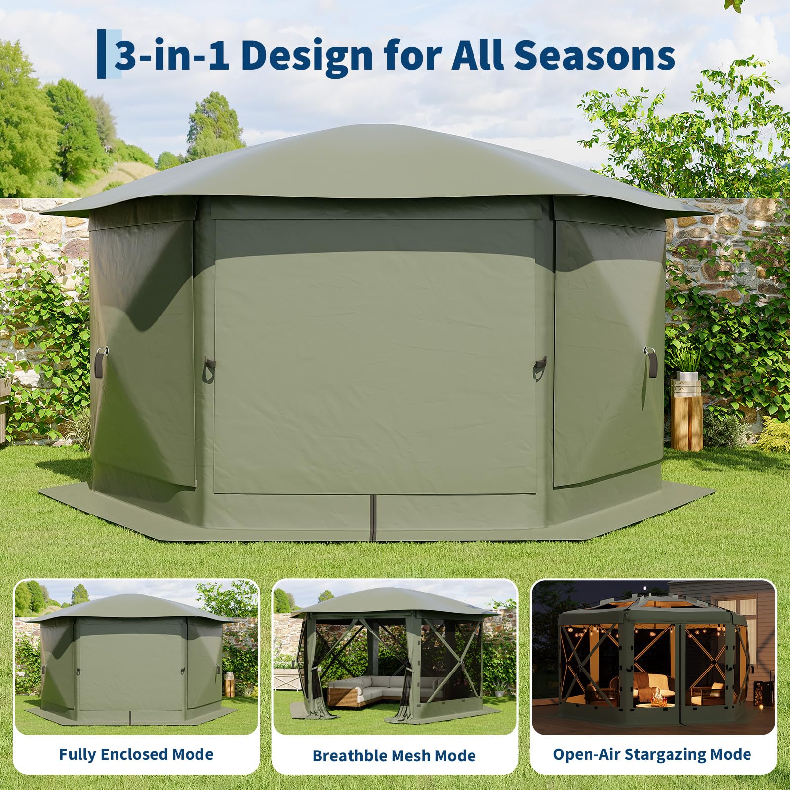 Army Green pop up gazebo showing enclosed, mesh, and open-air roof configurations
