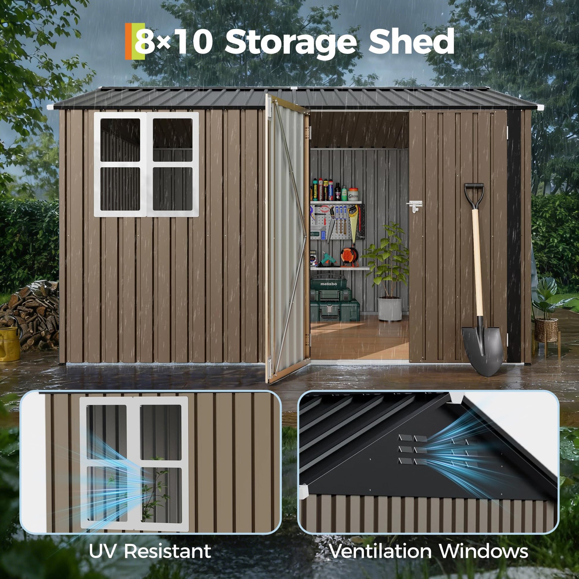 Peak roof and clear window design on metal shed