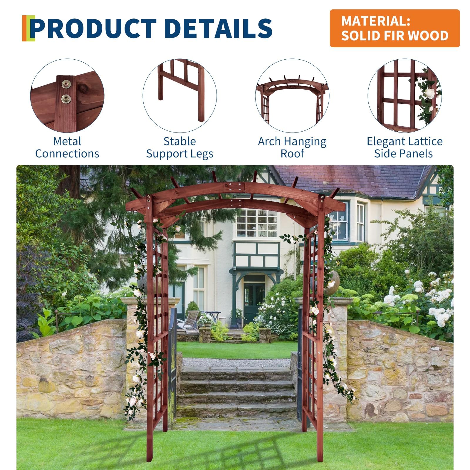 teak arched solid fir wood garden arbor showing lattice panels, support legs, and connection details