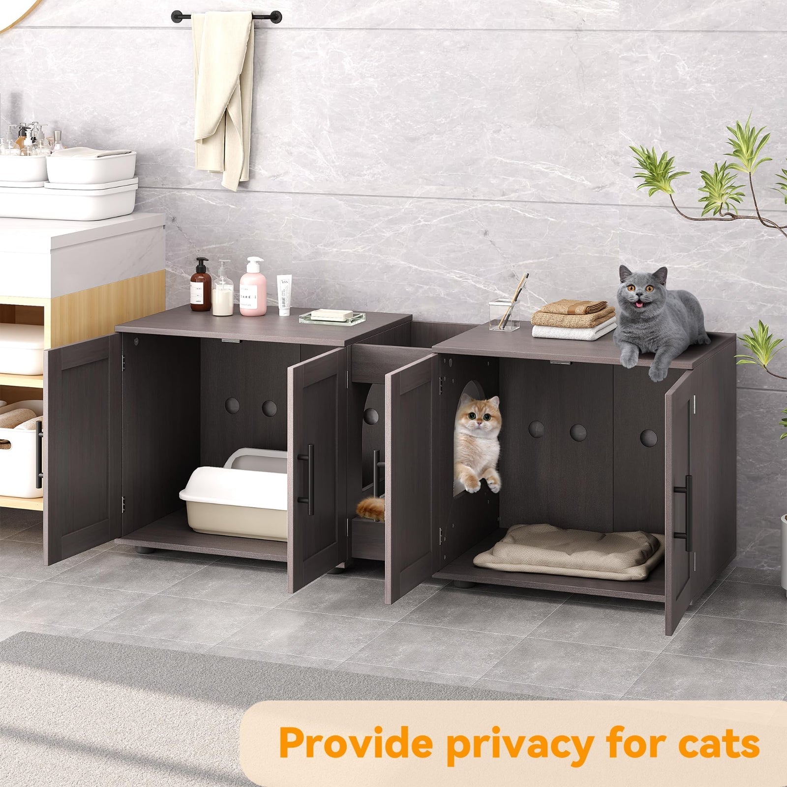 dark grey double room litter box cabinet with open doors showing two private cat spaces