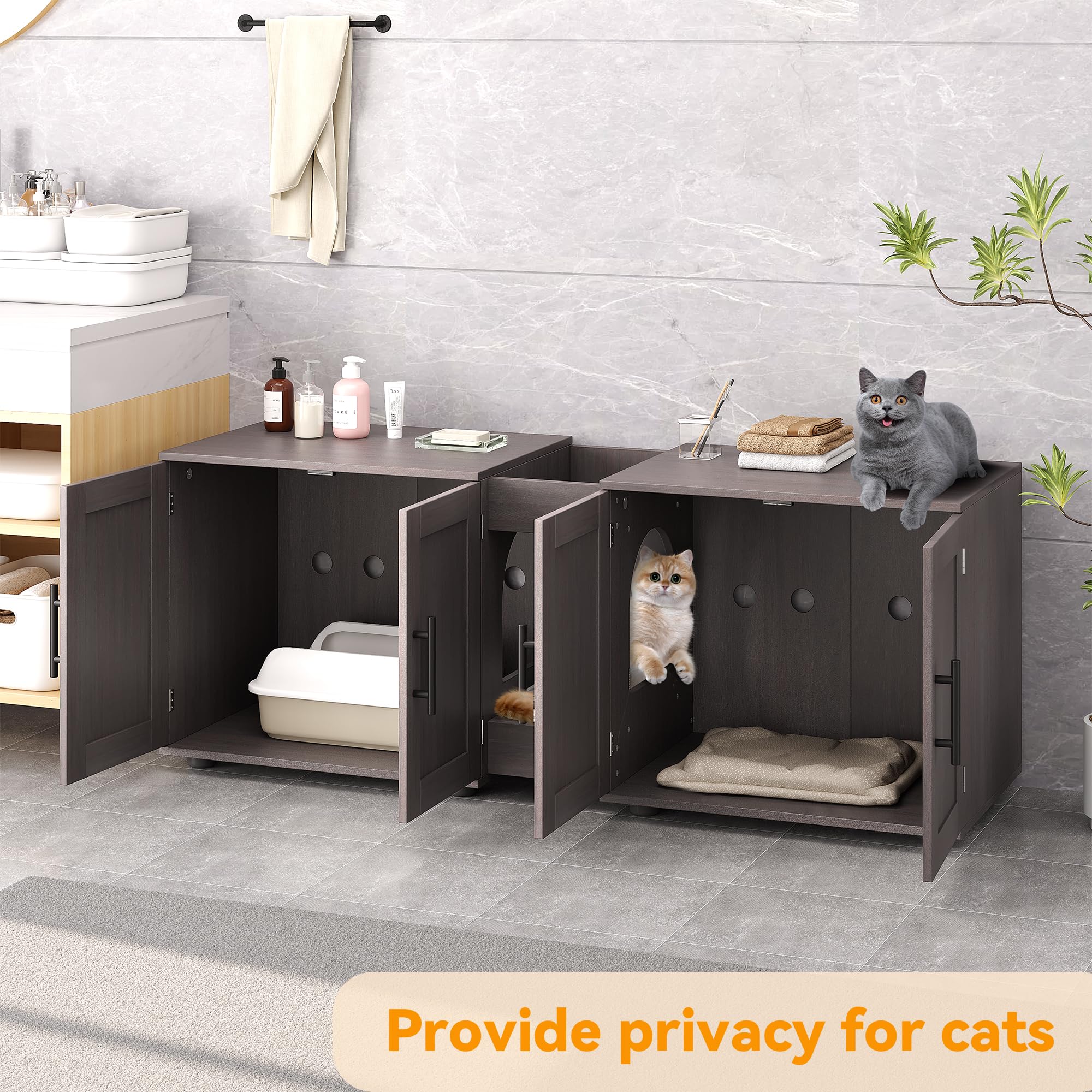 walnut double room litter box cabinet with open doors showing two private cat spaces