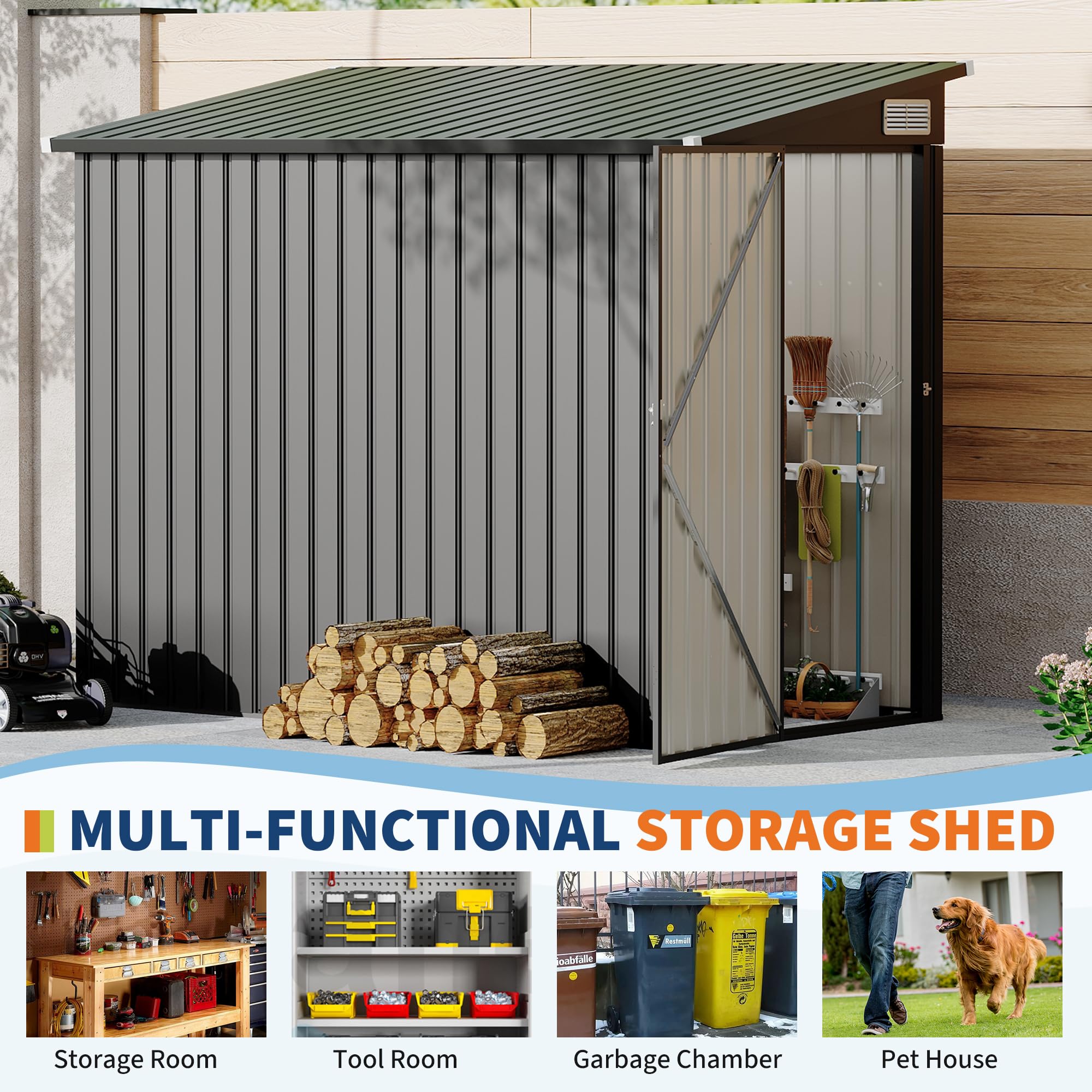 Gray lean-to metal storage shed showing storage room tool room garbage chamber and pet house uses