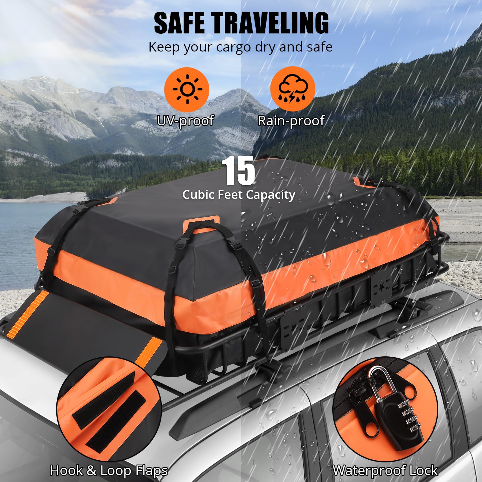 Waterproof 15 cubic foot rooftop cargo bag protecting travel essentials