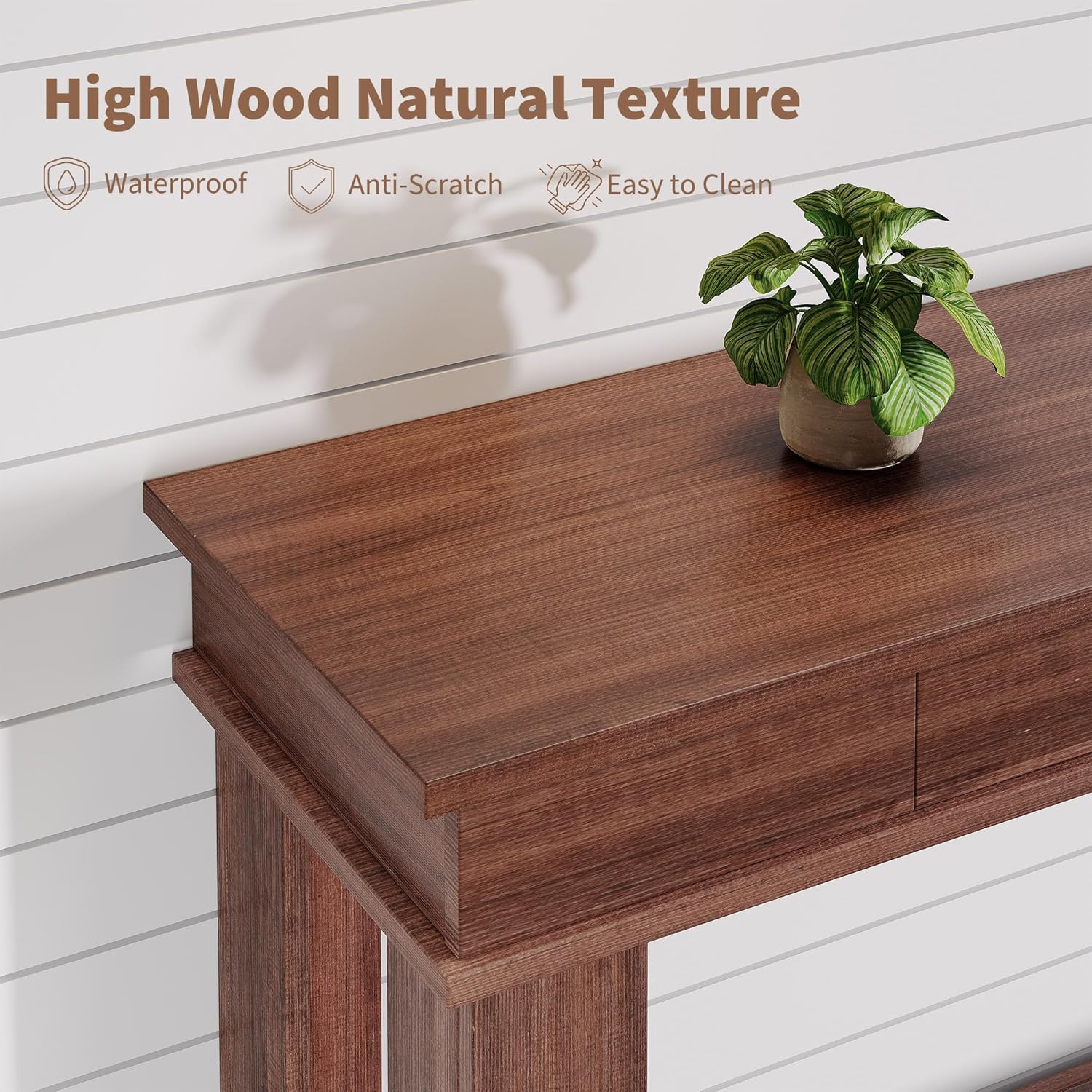 Warm wood tabletop with natural texture on console table