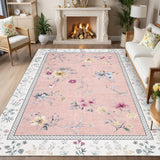 Garvee 9x12 Washable Pink Area Rug Floral Print Ultra Thin Low Pile Nursery Rug for Living Room Girls Bedroom Dining Room Office - Modern Floral|Pink