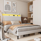 Garvee Queen Bed Frame with Charging Station, LED Lights, Modern Upholstered, Queen Size, Beige - Off White
